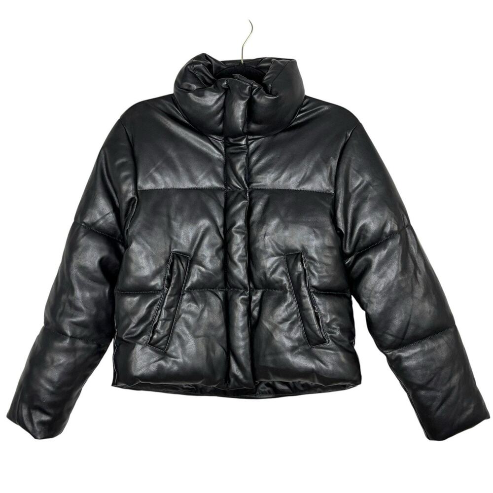 Abercrombie & Fitch Mini Puffer Jacket Vegan Faux Leather Black Womens Size XS